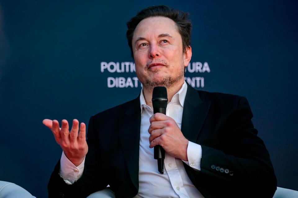 PHOTO: Elon Musk speaks at the Atreju political convention organized by Fratelli d'Italia (Brothers of Italy), on December 15, 2023 in Rome, Italy. (Antonio Masiello/Getty Images)