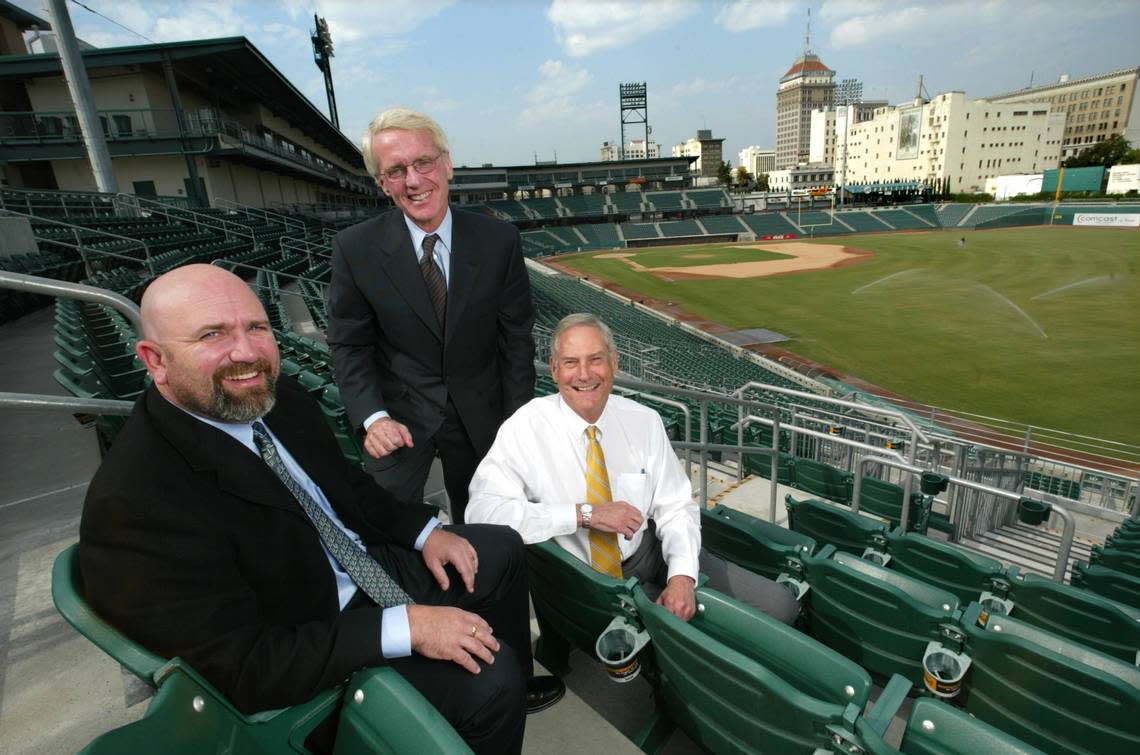 Brian Glover (left), Chris Cummings (center) and Dick Ellsworth (right) became owners of the Fresno Grizzlies in 2005 when the Fresno Baseball Club purchased the then-Triple-A franchise. Ellsworth passed away Oct. 9, 2022, after battling cancer.