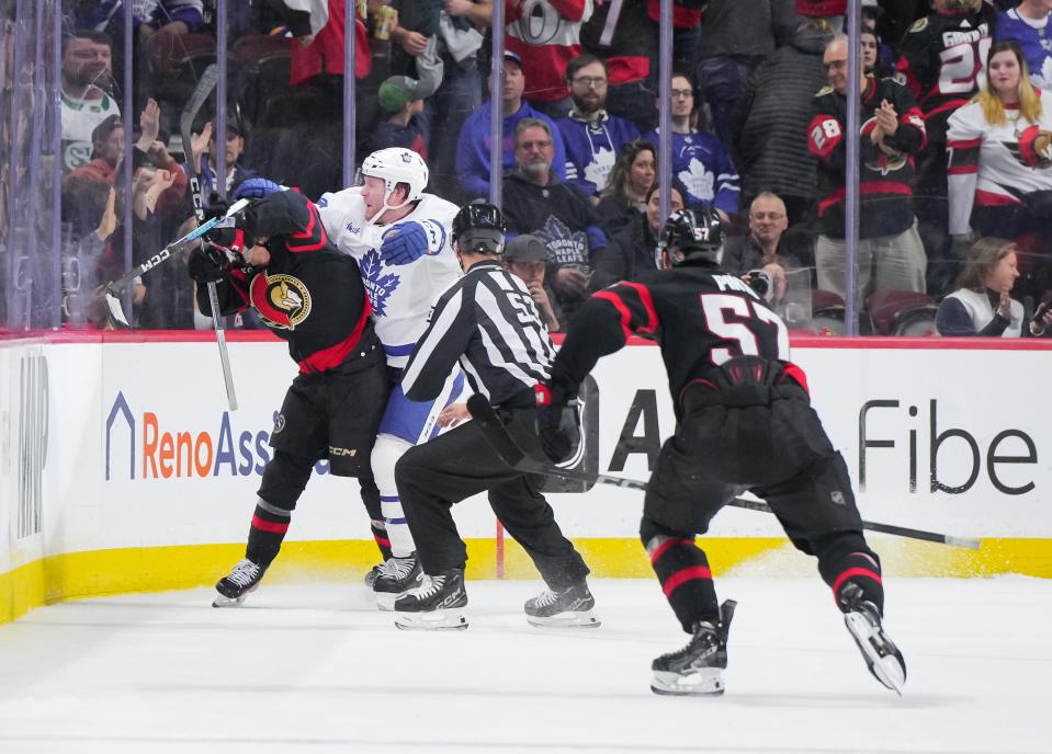Maple Leafs defenseman Morgan Rielly was suspended five games for his cross-check of Ottawa's Ridly Greig.