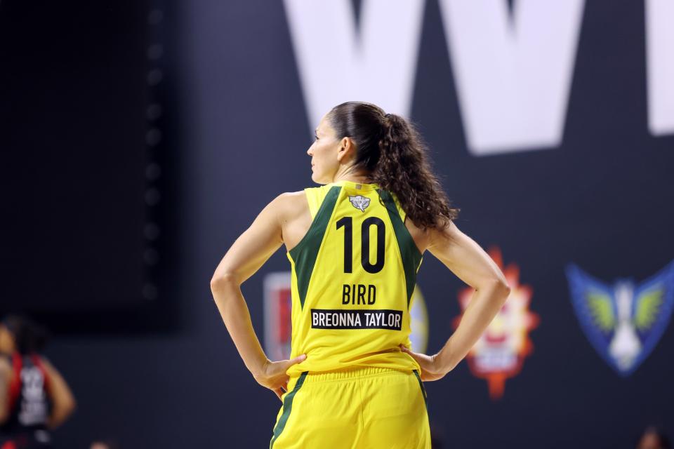 Sue Bird wears a Breonna Taylor jersey during Game Three of the WNBA Finals in in Palmetto, Florida, October 6, 2020.