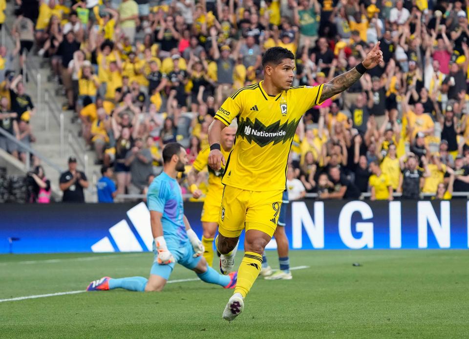 Crew forward Cucho Hernandez scored a hat trick in Columbus' 4-0 win over Sporting Kansas City on June 22.