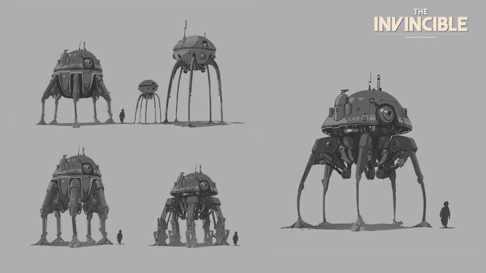 Making The Invincible; concept art for a spider-like 1950s robot tank