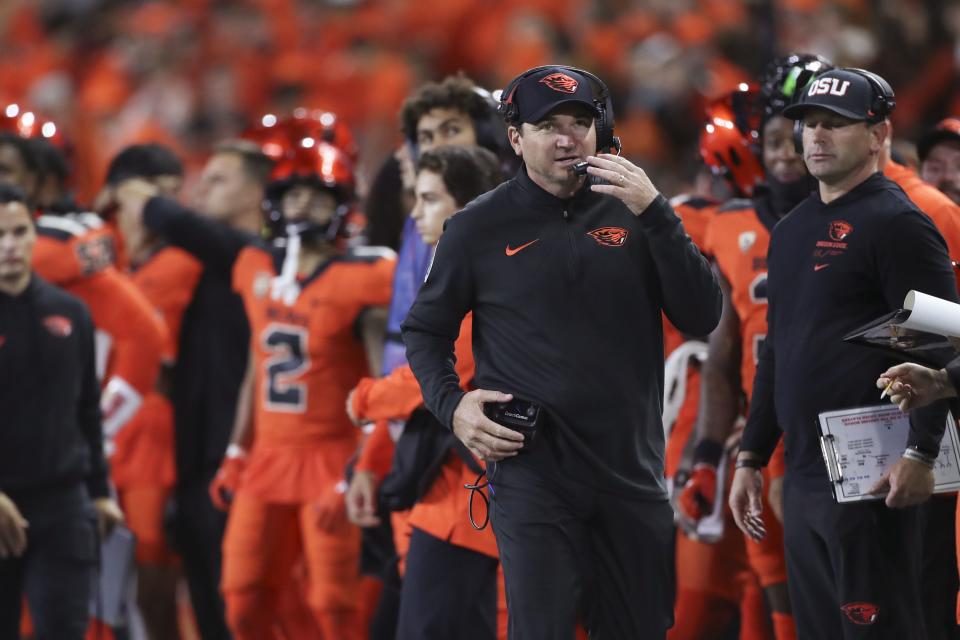 Oregon State coach Jonathan Smith walks the sideline during game against Utah on Friday, Sept. 29, 2023, in Corvallis, Ore. Oregon State won 21-7. | Amanda Loman, Associated Press