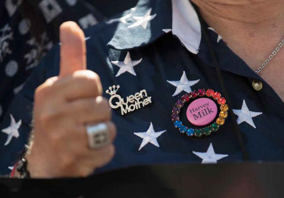 <p>San Diego, Calf., City Commissioner Nicole Murray Ramirez gives the thumbs up and wears a Harvey Milk pin and a Queen Mother pin during the Equality March for Unity and Pride in Washington, Sunday, June 11, 2017. (Photo: Carolyn Kaster/AP) </p>