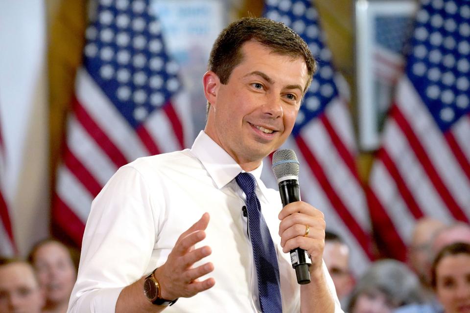 FILE - In this Aug. 23, 2019, file photo, Democratic presidential candidate South Bend Mayor Pete Buttigieg speaks during a Veteran's and Mental Health Town Hall event at an American Legion Hall, in Manchester, N.H. Buttigieg is unveiling a community-focused approach to disaster relief in a South Carolina city hit hard by last year’s Hurricane Florence. AP Photo/Mary Schwalm, File)