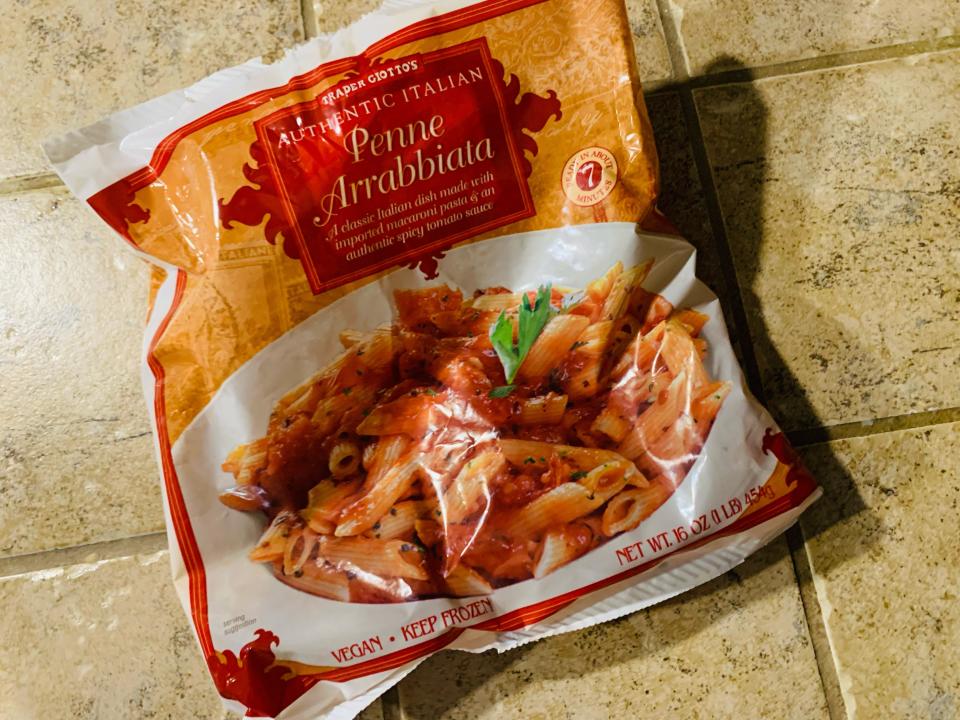 Trader Joe's penne arrabiata in original red and orange bag