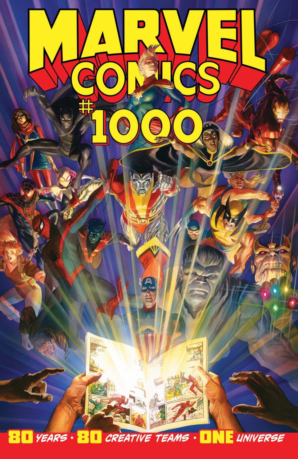 This image provided by Marvel Comics shows the cover of Marvel Comics #1000, the publisher’s 80th anniversary issue. The issue goes on sale Wednesday, Aug. 28, 2019, and features a page devoted to each year of Marvel’s history through panels that explores some of its most memorable characters and also sets up a prominent story line that will impact upcoming issues. (Alex Ross/Marvel Comics via AP)