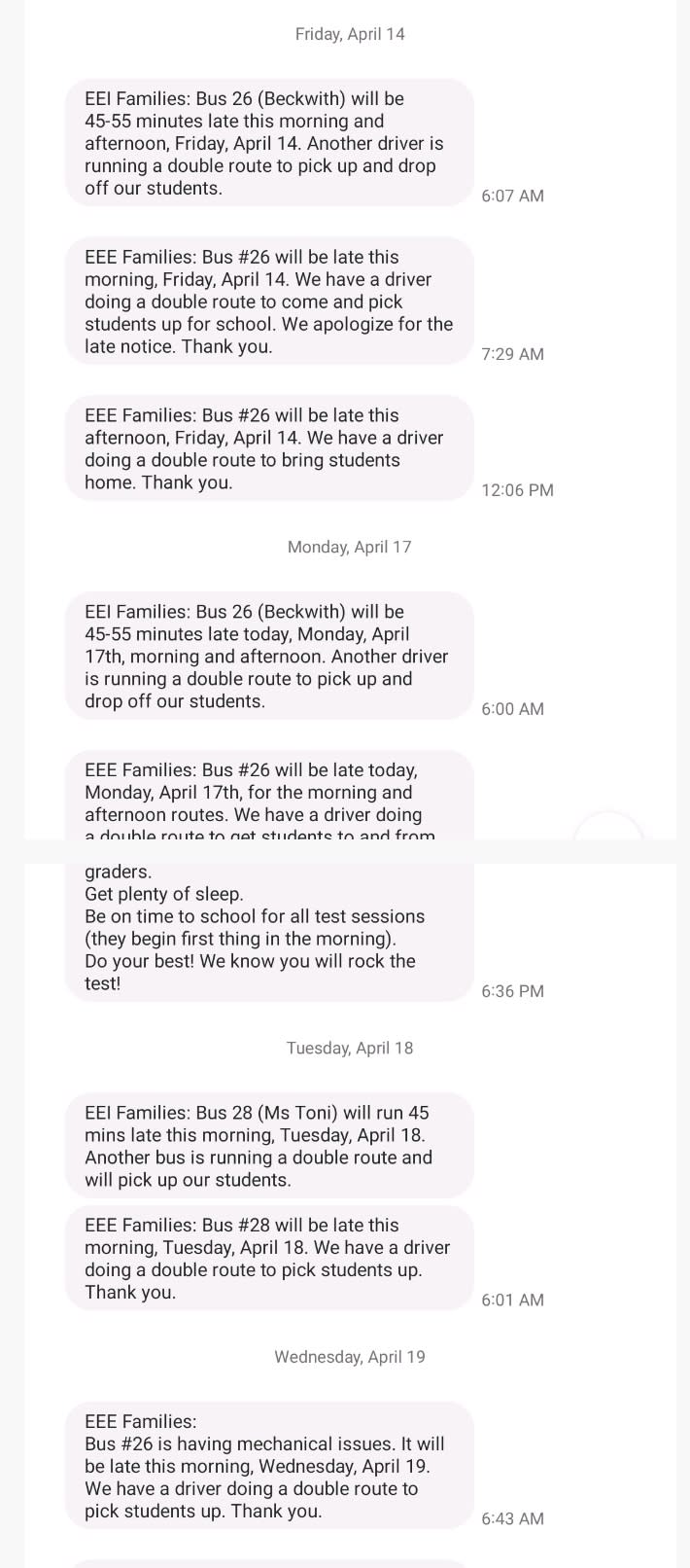 A recent text thread from the Sheridan School District about buses (Suzi Parker)