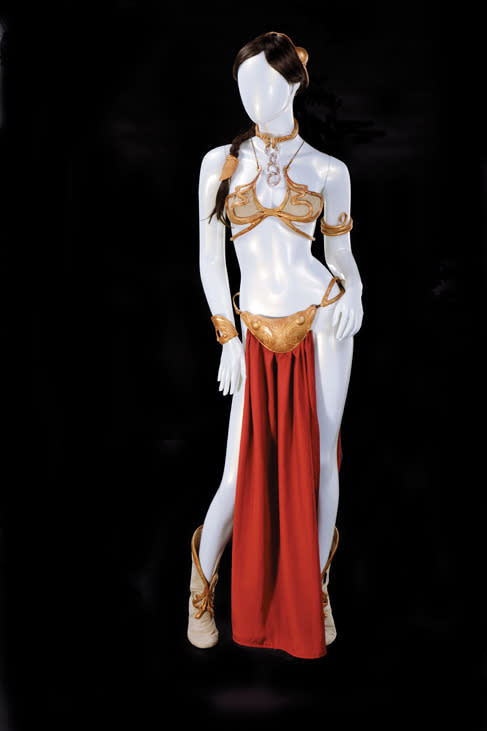 One of the most iconic — and uncomfortable — costumes in film history, this metal bikini that Carrie Fisher wore during the Jabba the Hutt palace scenes in ‘Return of the Jedi’ is expected to fetch $80,000-120,000. It comes with the original wax prototypes sculpted during pre-production, as well as paintings that show the evolution of the costume’s design and the artists’ notes and reference photos. (Profiles in History)