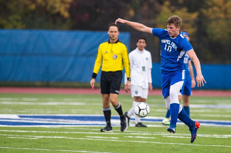 Chapel Field senior Jonah McDuffie, shown here in a 2022 playoff game, scored the lone goal for the Lions against Loudonville Christian. KELLY MARSH/Times Herald-Record file