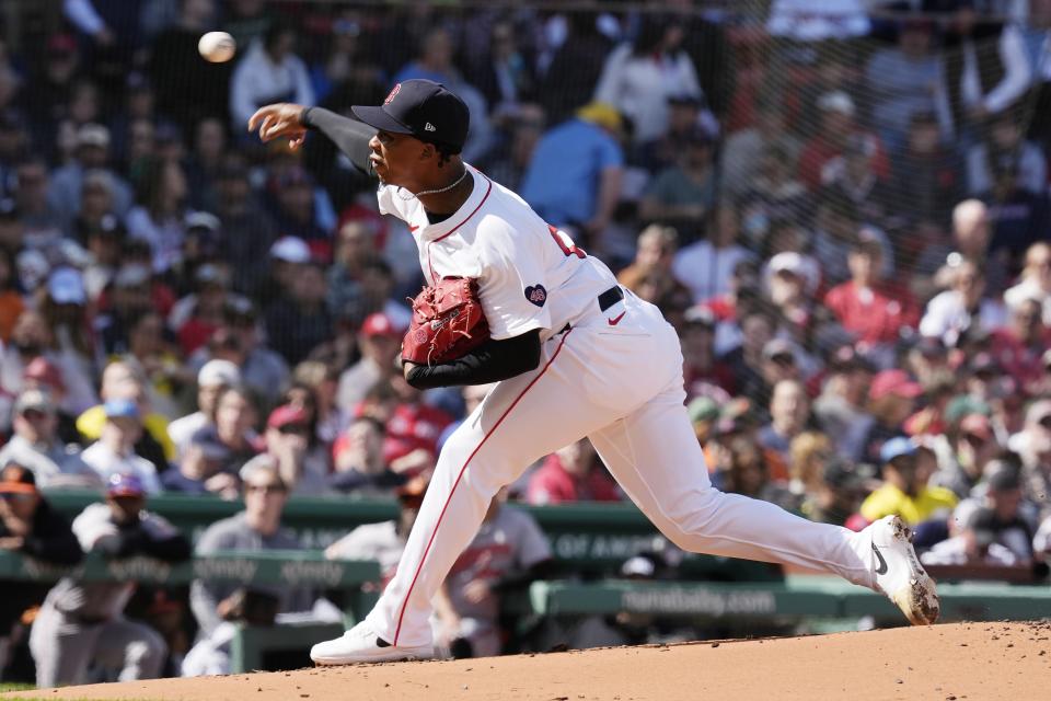 Boston Red Sox's Brayan Bello pitches against the Baltimore Orioles in the first inning during an opening day baseball game at Fenway Park, Tuesday, April 9, 2024, in Boston. (AP Photo/Michael Dwyer)