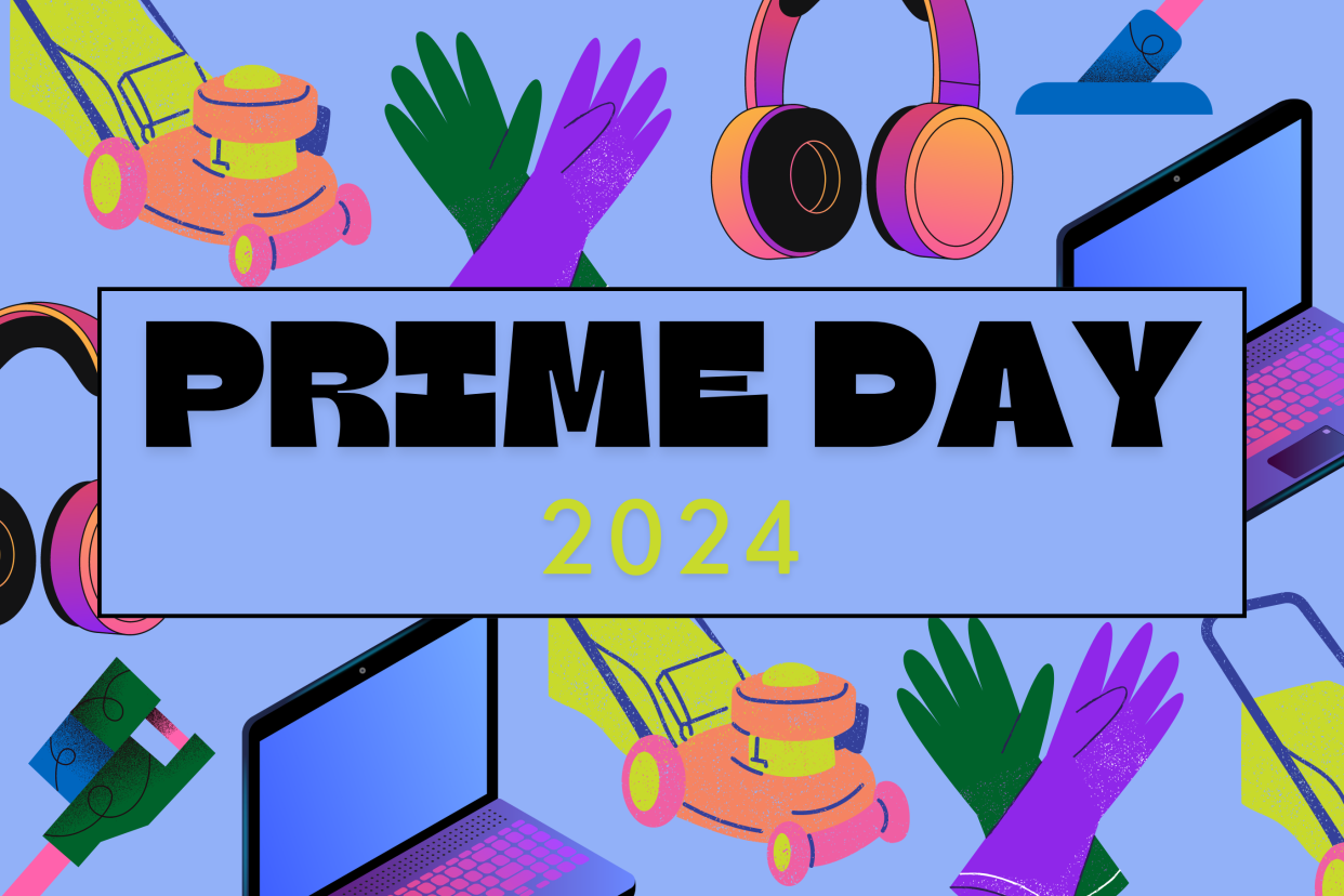 amazon prime day graphic on blue background with illustrations of headphones, laptops, lawn mowers, kitchen gloves, Amazon Prime Day 2024 will take place on July 16-17 in Canada.