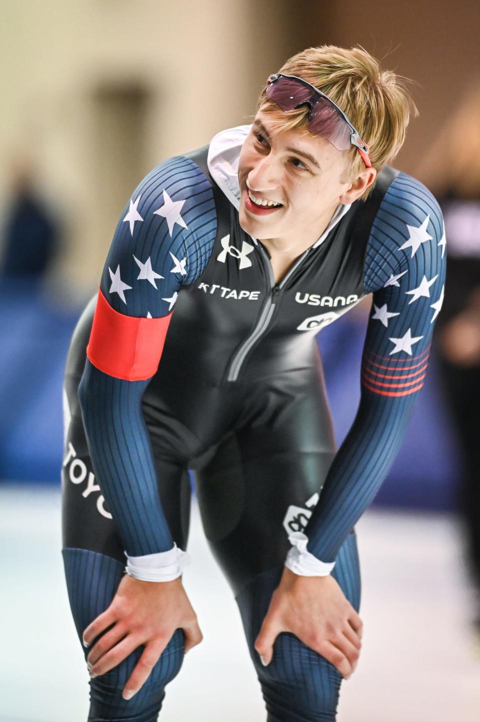 Jordan Stolz cools down after racing in the 1,500 meters during the U.S. long-track speed skating championships Friday, October 27, 2023, at the Pettit National Ice Center in Milwaukee, Wisconsin.