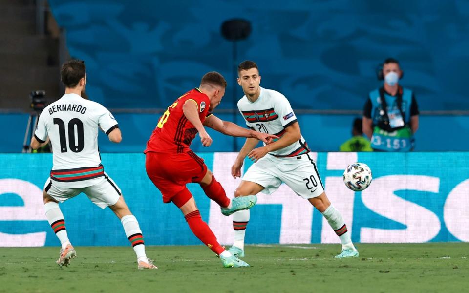 Belgium's Thorgan Hazard scores their first goal  - Pool via REUTERS/Marcelo Del Pozo