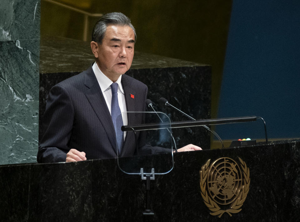 Chinese Foreign Minister Wang Yi addresses the 74th session of the United Nations General Assembly, Friday, Sept. 27, 2019, at the United Nations headquarters. (AP Photo/Craig Ruttle)