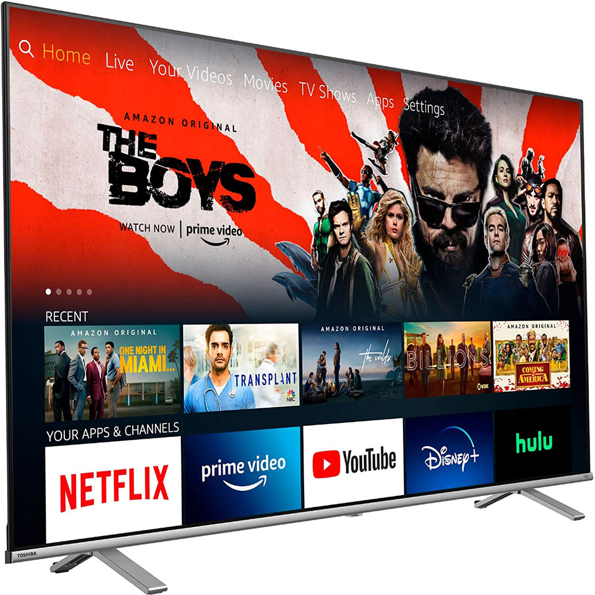 Toshiba 50-inch C350 television with Amazon Prime menu displayed.