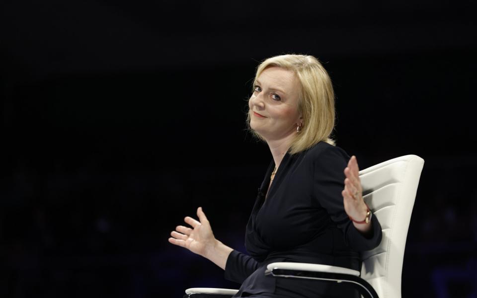 Liz Truss is pictured this evening as she takes part in the Tory leadership hustings event in Cheltenham - Jamie Lorriman for The Telegraph