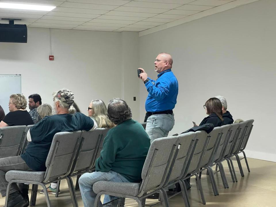 Former Hillsdale County Republican Executive Committee Parliamentarian Jon Paul Rutan speaks during the America First convention at Sozo Church.