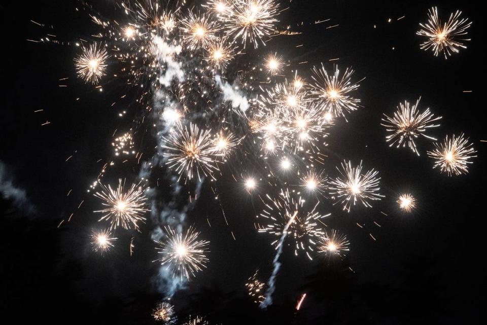 Illegal fireworks light up the sky near East Roseburg Ave in Modesto Calif., Thursday, July 4, 2019.
