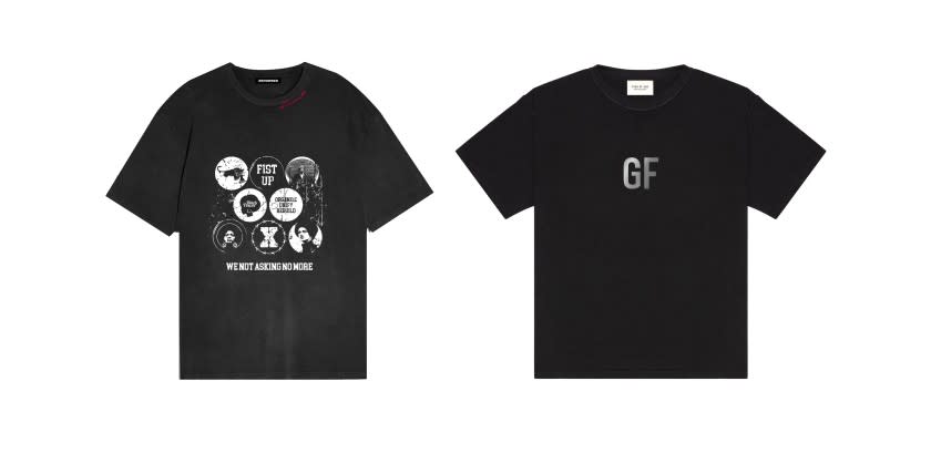 Composite of George Floyd tribute T-shirt by L.A. based Renowned LA (Rt) and by Fear Of God.