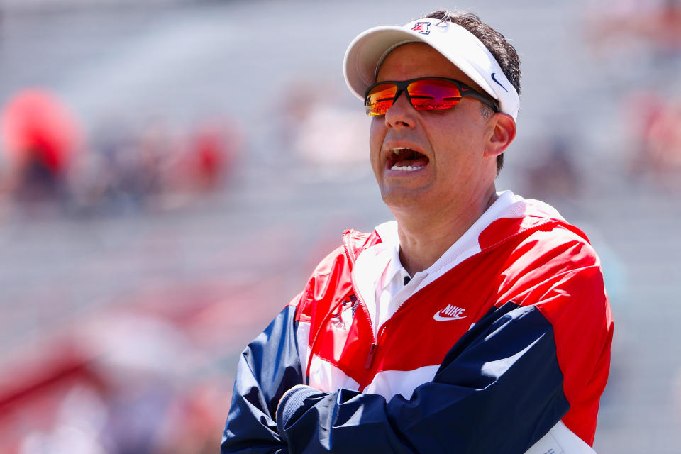 TUCSON, ARIZONA - APRIL 24: Head coach Jedd Fisch of the Arizona Wildcats reacts on the sidelines during the Arizona Spring game at Arizona Stadium on April 24, 2021 in Tucson, Arizona. (Photo by Christian Petersen/Getty Images)