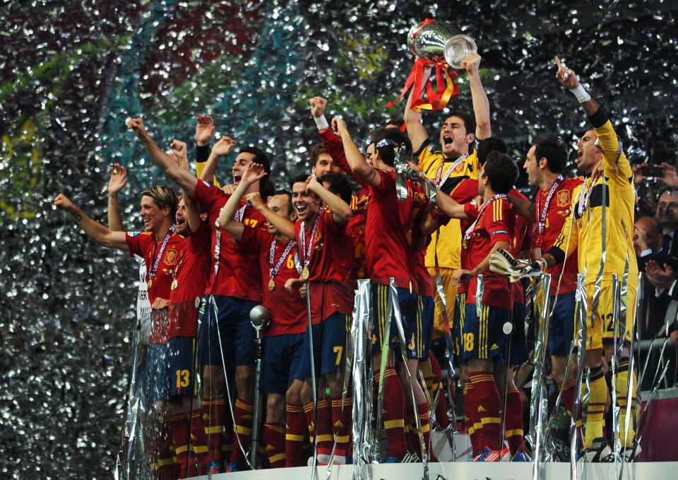 Iker Casillas of Spain lifts the trophy as he celebrates following victory in the UEFA EURO 2012 final match between Spain and Italy at the Olympic Stadium on July 1, 2012 in Kiev, Ukraine. (Photo by Jasper Juinen/Getty Images)