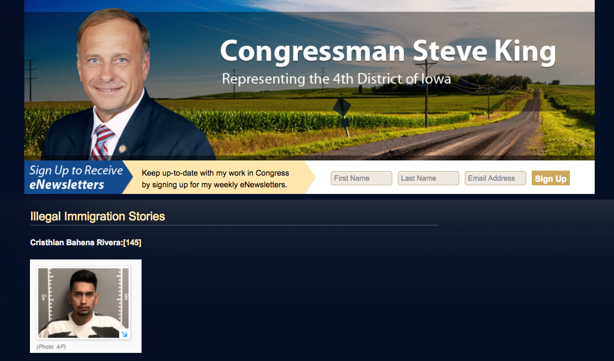 Republican Rep. Steve King of Iowa highlights the arrest of Cristhian Bahena Rivera, the Mexican native charged with murder in the death of University of Iowa student Mollie Tibbetts, on a section of his website titled “Illegal Immigration Stories.” (Screenshot via Steveking.house.gov)