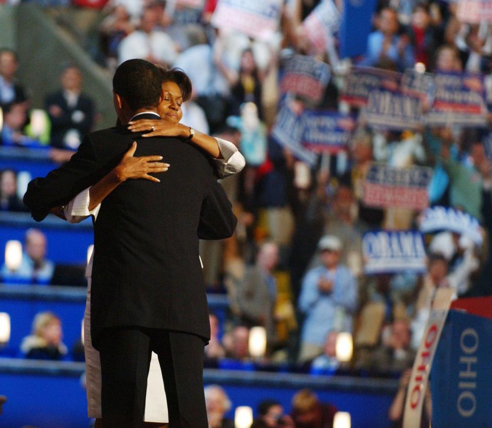 <p>7/27/04<br>DEMOCRATIC NATIONAL CONVENTION–Democrat Illinois state Sen. Barack Obama, and wife, Michelle, embrace after he delivered the keynote address during the Democratic National Convention.<br>CONGRESSIONAL QUARTERLY PHOTO BY SCOTT J. FERRELL. </p>