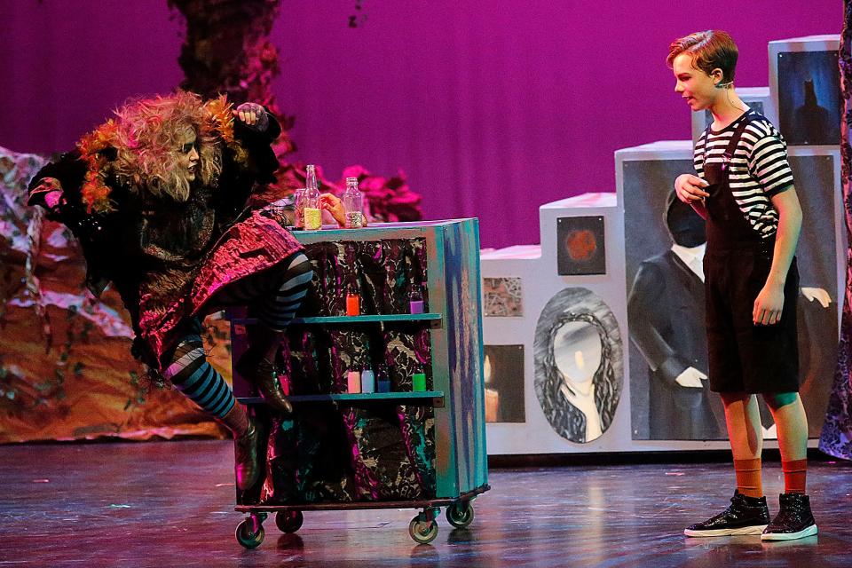 Annie Lavengood portrays Grandma and Zak Zipfel portrays Pugsley during rehearsal for Ashland High School's 67th annual Musical The Addams Family Monday, Feb. 20, 2023. TOM E. PUSKAR/ASHLAND TIMES-GAZETTE