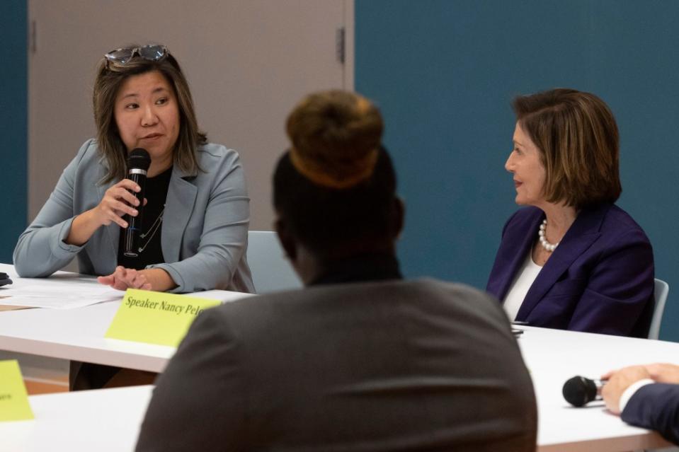 Then-House Speaker Nancy Pelosi, D-Calif., right, holds a roundtable conversation with US Rep. Grace Meng, D-Queens, left, at Queens Community House’s Forest Hills Older Adult Center in October 2022. AP