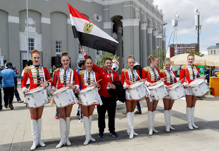 FILE PHOTO: Ekaterinburg Arena, Yekaterinburg, Russia - June 15, 2018 Egypt fan with a band outside the stadium before the match REUTERS/Darren Staples/File Photo