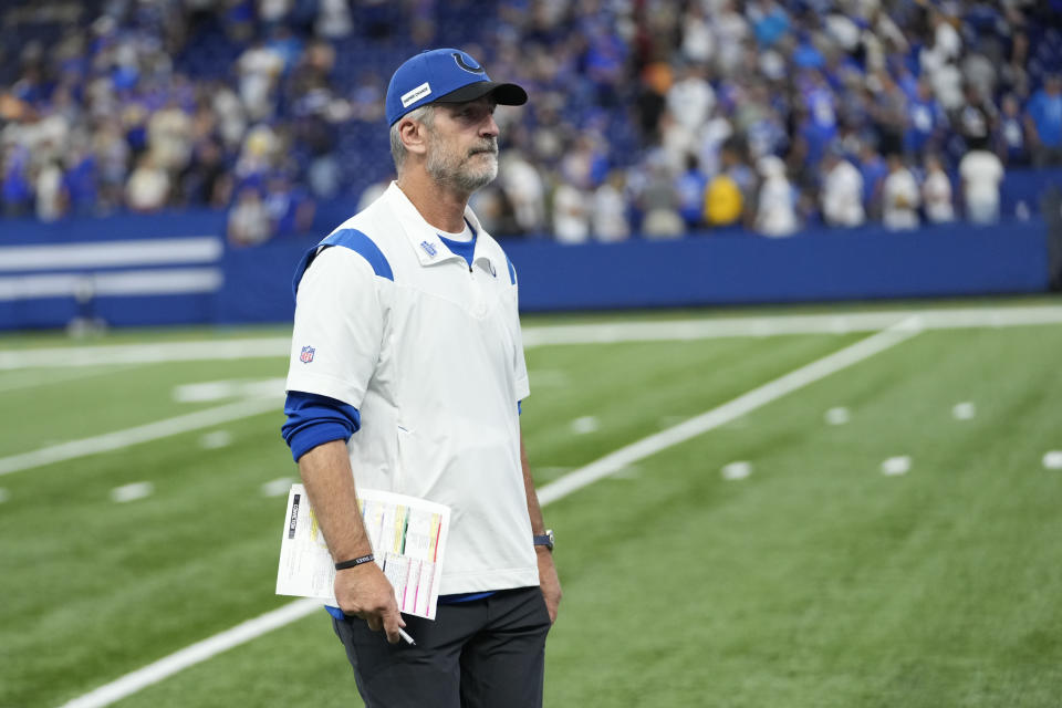 Indianapolis Colts head coach Frank Reich walks off the field following an NFL football game against the Los Angeles Rams, Sunday, Sept. 19, 2021, in Indianapolis. Los Angeles won 27-24. (AP Photo/AJ Mast)