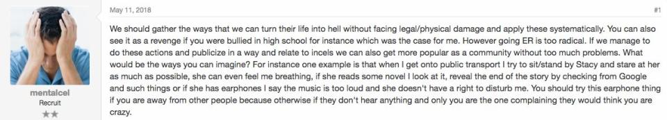 An incel&nbsp;shares his everyday strategies for turning women's lives "into hell." (Photo: Incels.me)