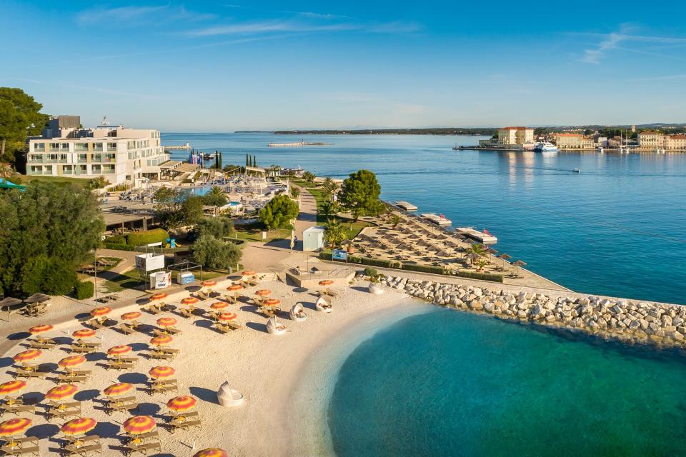 Aerial view of the beach and resort at Isabella Valamar Collection Island Resort in Croatia