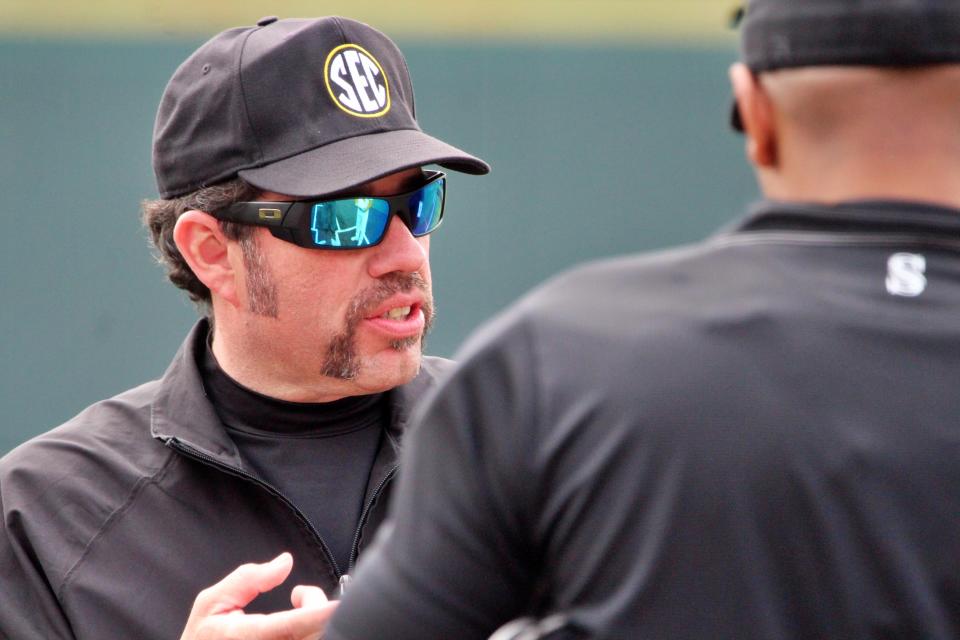 Umpire Jeffrey Macias during the Tennessee-Alabama baseball series at Lindsey Nelson Stadium in Knoxville, Tennessee. Photo by Dan Harralson, Vols Wire