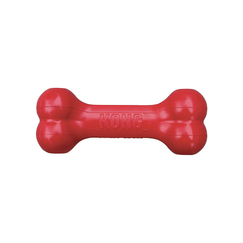 red rubber goodie bone against white background