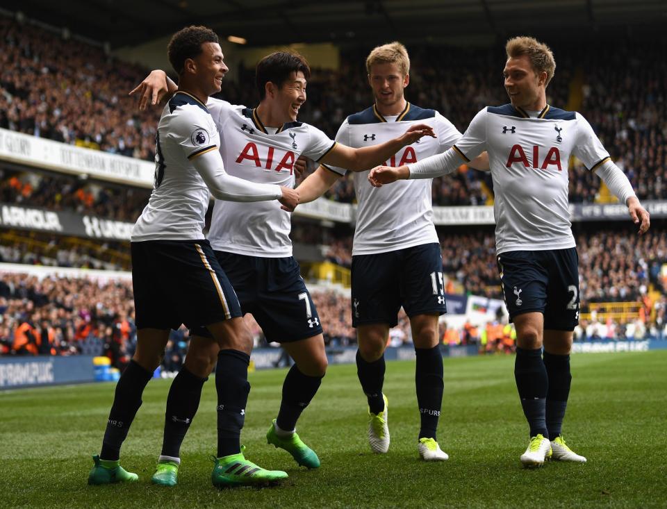 <p>Tottenham celebrate Son making it 2-0 </p>