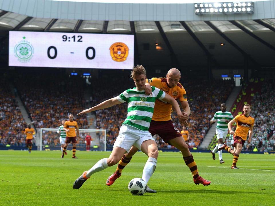 Kristoffer Ajer is challenged by Curtis Main (Getty)