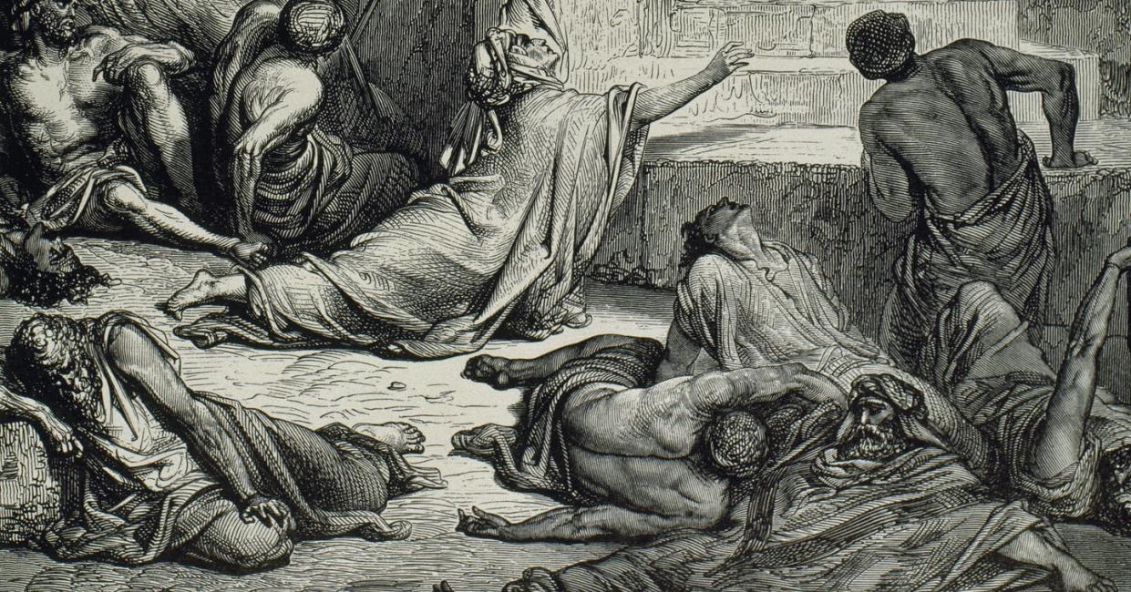 <span class="caption">The famine in Samaria was one of many depicted in the Bible.</span> <span class="attribution"><a class="link " href="https://www.gettyimages.com/detail/news-photo/old-testament-the-famine-in-samaria-bible-engraving-by-news-photo/601071886?adppopup=true" rel="nofollow noopener" target="_blank" data-ylk="slk:PHAS/Universal Images Group via Getty Images;elm:context_link;itc:0;sec:content-canvas">PHAS/Universal Images Group via Getty Images</a></span>