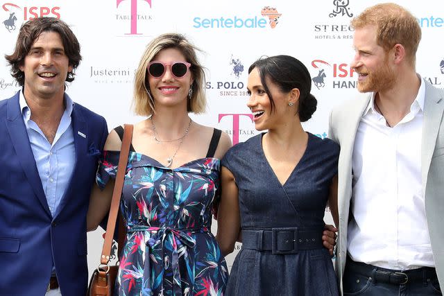 <p>Chris Jackson/Getty</p> Nacho Figueras, Delfina Blaquier, Meghan Markle and Prince Harry at the Sentebale polo match in Windsor, England in July 2018.