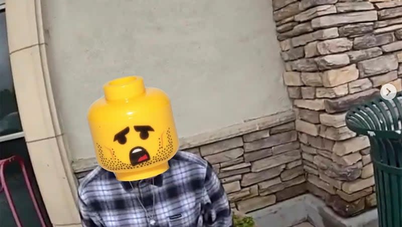 This image provided by the Murrieta, Calif., police department shows an altered photo of a suspect used by the the Murrieta Police Department. The Southern California police department has been handcuffed by Lego after the Danish toy company asked the agency on March 19, 2024, to stop editing Lego heads over suspects' photos on social media.