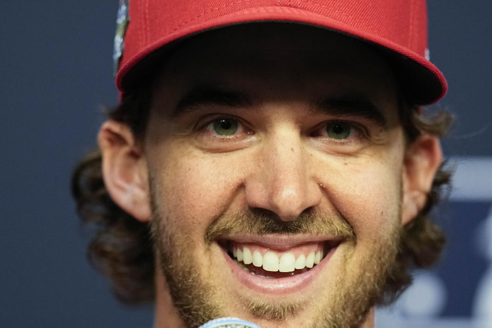 Philadelphia Phillies starting pitcher Aaron Nola speaks to the media ahead of Game 1 of the baseball World Series between the Houston Astros and the Philadelphia Phillies on Thursday, Oct. 27, 2022, in Houston. Game 1 of the series starts Friday. (AP Photo/Eric Gay)