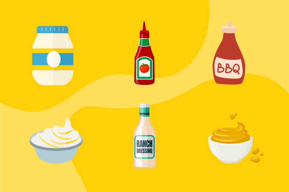 A graphic with various condiments, including mayonnaise, ketchup and BBQ sauce. (Photos via Getty Images)