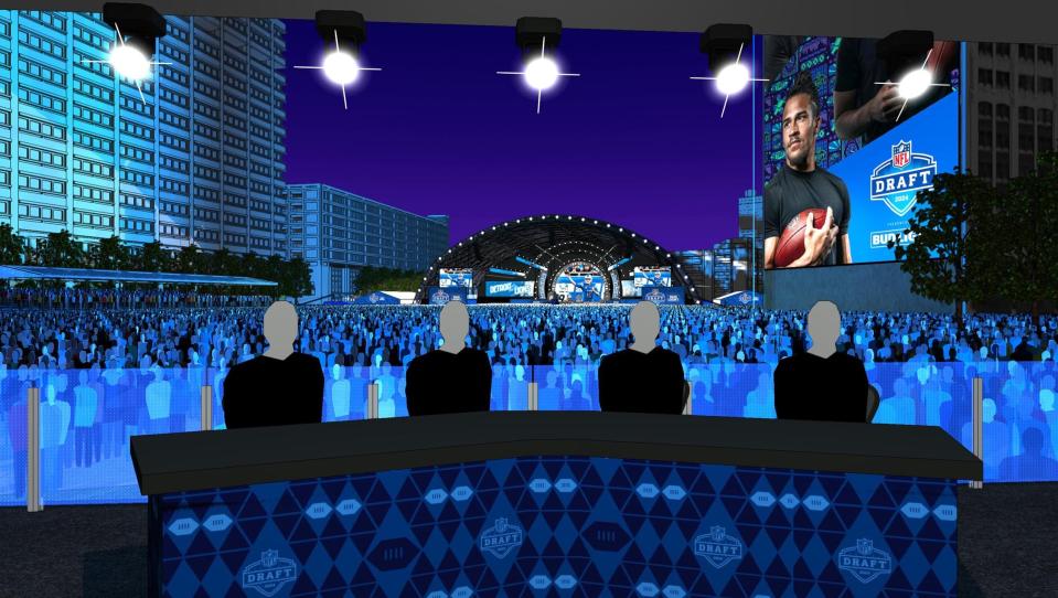 The NFL Network's rendition of its main set for the NFL Draft in Detroit. It will be home to the coverage team of Rich Eisen, Daniel Jeremiah, Charles Davis and Joel Klatt on Thursday and Friday and Eisen, Jeremiah, Davis and Peter Schrager on Saturday.