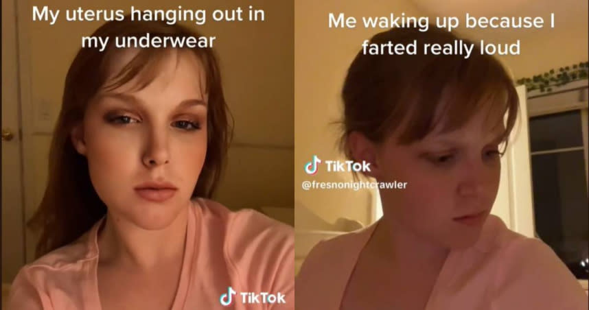 18歲少女勞倫（Lauren K.）在TikTok上發布一則影片表示，自己某天晚上因為放屁太大力，造成子宮從陰道掉出來。（圖／TikTok／@fresnonightcrawler）