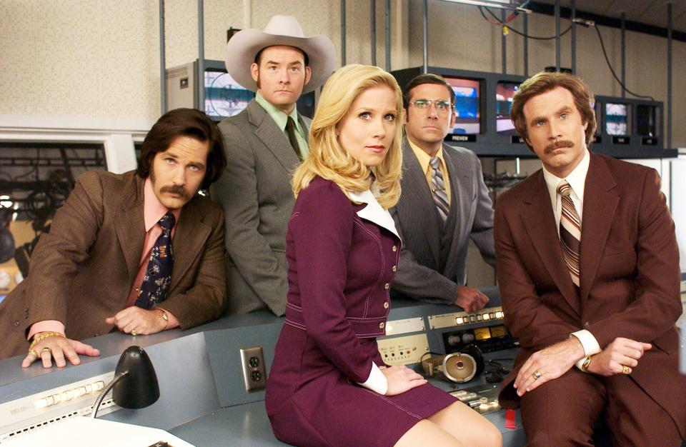 Ron Burgundy (Will Ferrell, right) leads the San Diego news team of Brian Fantana (Paul Rudd), Champ Kind (David Koechner), Veronica Corningstone (Christina Applegate) and Brick Tamland (Steve Carell) in "Anchorman: The Legend of Ron Burgundy."