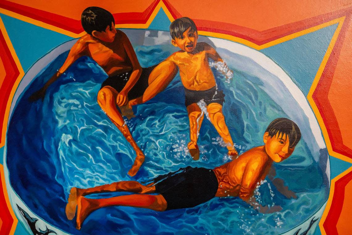 Cesar Velez’s painting “Big Fish” is part of the artist’s attempt to preserve the carefree days of his childhood.