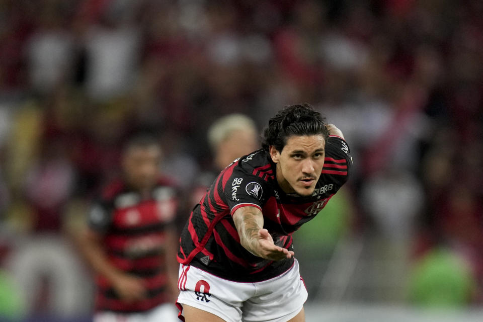 Pedro, del Flamengo, festeja el tercer tanto de su equipo ante Millonarios de Colombia, en un duelo de la Copa Libertadores, disputado el martes 28 de mayo de 2024 en el Maracaná (AP Foto/Silvia Izquierdo)