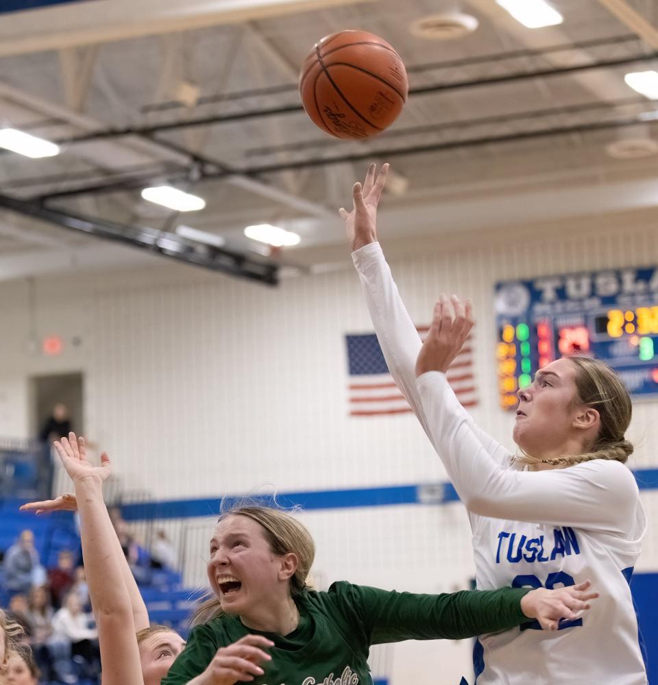 Tuslaw’s Destiny Dulkoski shoots against Mentor Lake Catholic in a Division III sectional semi, Wednesday, Feb. 21, 2024.