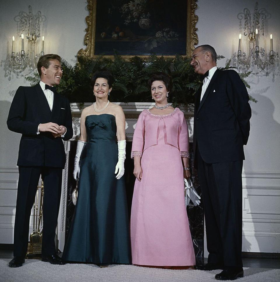 <p>In 1965, Margaret and Antony Armstrong-Jones visited President Lyndon Johnson and Lady Bird Johnson at the White House. The Princess wore a bright pink dress with a matching jacket for the occasion, paired with a stunning necklace. </p>